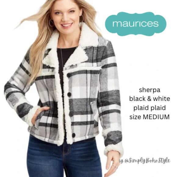 MAURICES faux shearling plaid short jacket black & white size MEDIUM (tag n/a) - Picture 1 of 14